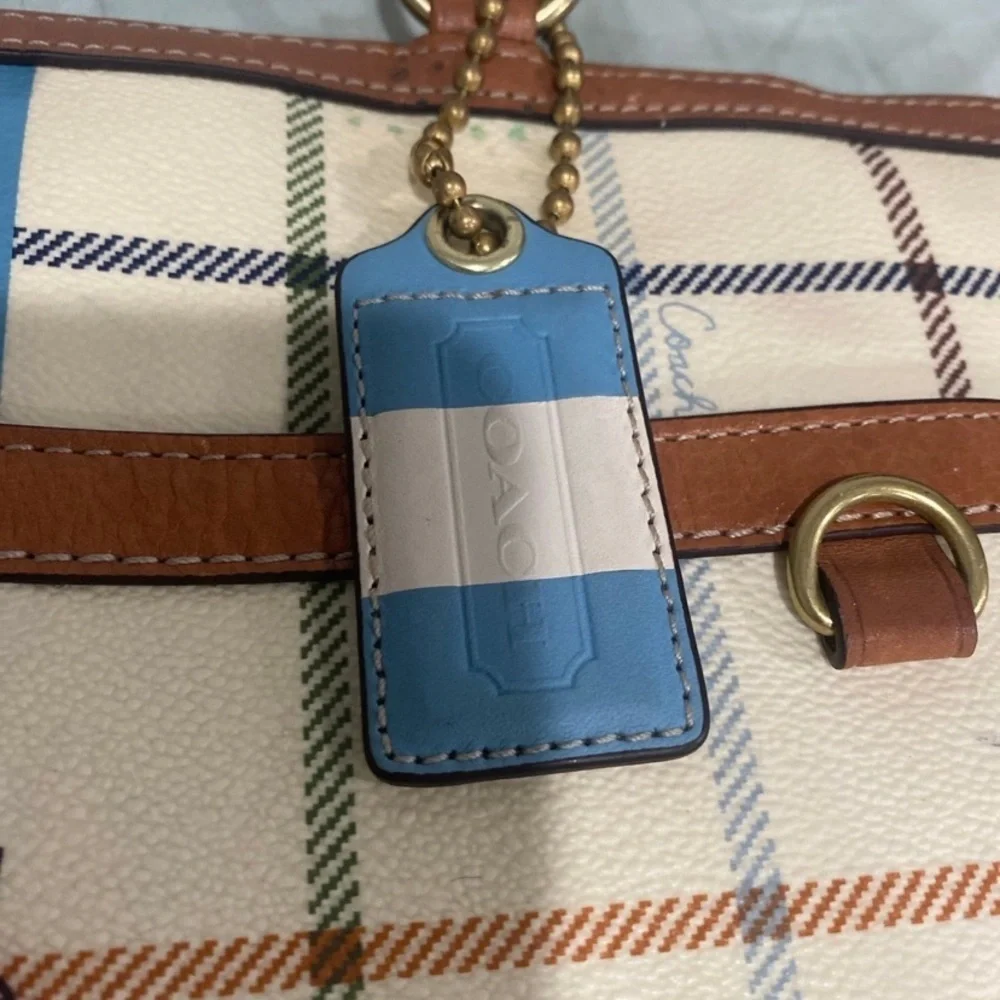 Authentic vintage coach white blue heritage plaid leather shoulder bag‎